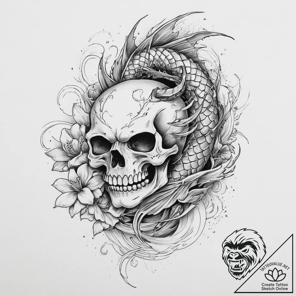 Tattoo sketch skull, ink illustration for tat... - tattoo sketch (№1756029903_0, 24.08.2025 10:05) — tattoovalue.net