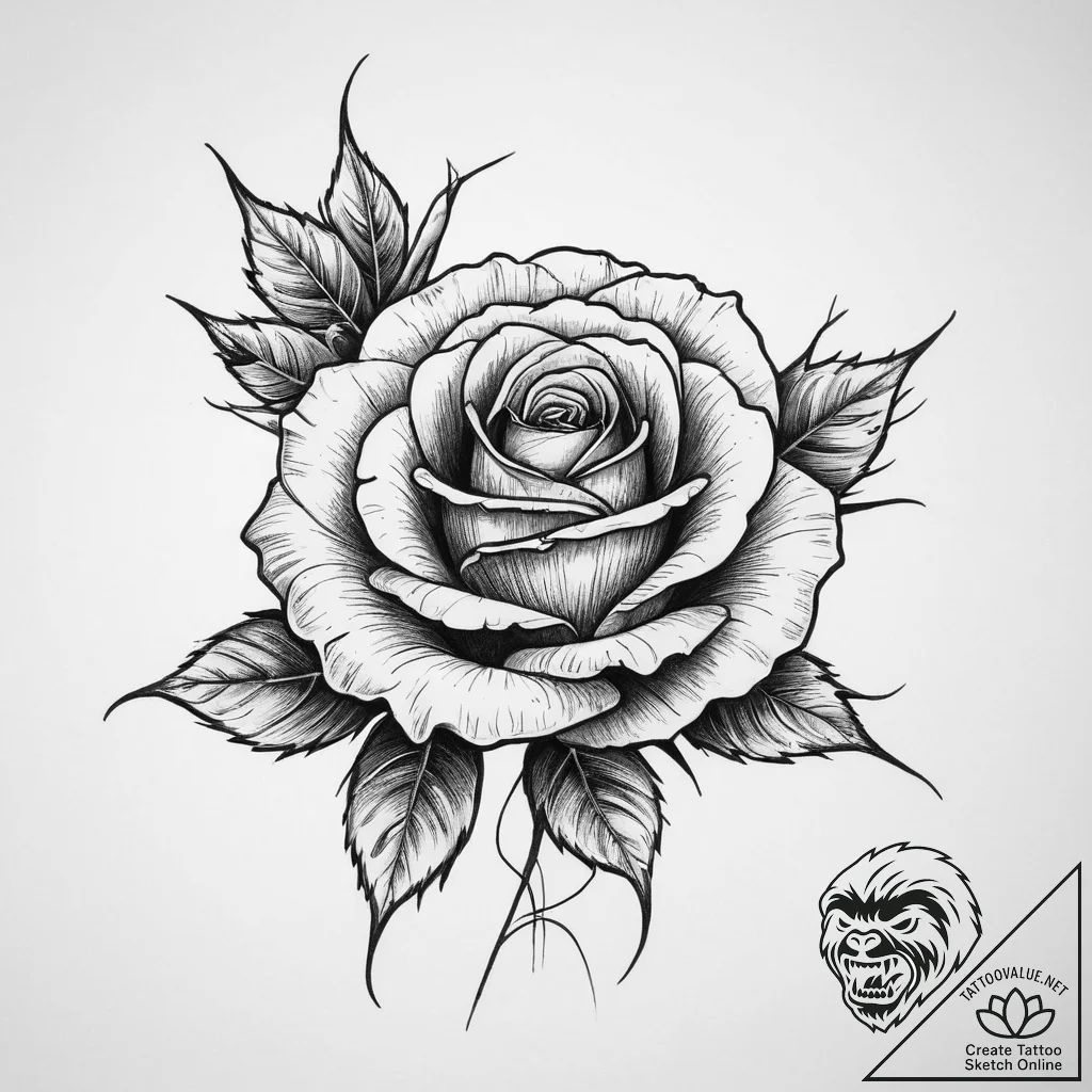 Tattoo sketch rose with a thorny stem, concep... - tattoo sketch (№1756032319_0, 24.08.2025 10:45) — tattoovalue.net