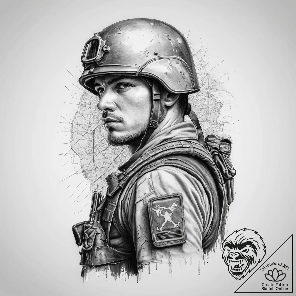 Tattoo sketch soldier with a map, concept art... - tattoo sketch (№1756032732_0, 24.08.2025 10:52) — tattoovalue.net