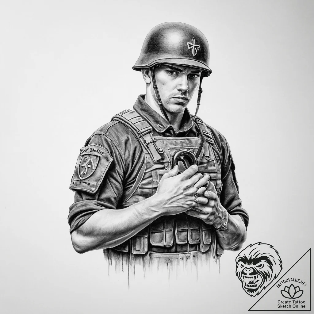 Tattoo sketch soldier with a lock - tattoo sketch (№1756034139_0, 24.08.2025 11:15) — tattoovalue.net