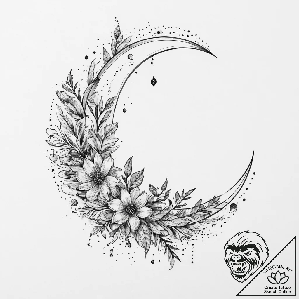 Tattoo sketch celestial plant with a crescent... - tattoo sketch (№1756034940_0, 24.08.2025 11:29) — tattoovalue.net
