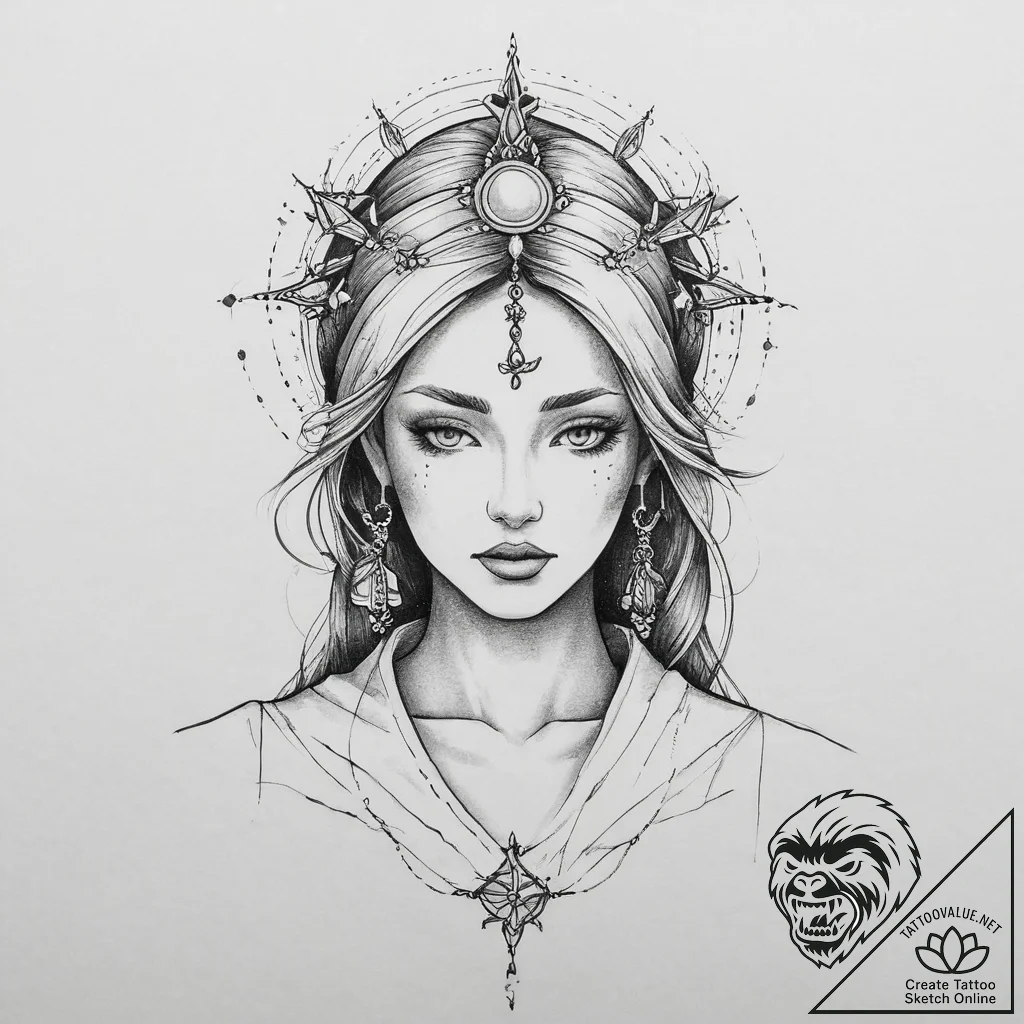 Tattoo sketch goddess in robes, ink illustrat... - tattoo sketch (№1756037542_0, 24.08.2025 12:12) — tattoovalue.net