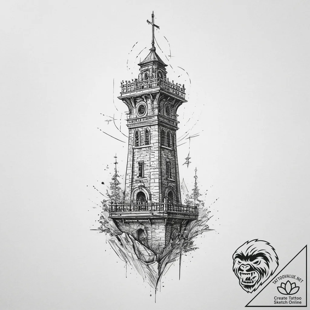 Tattoo sketch tower, tattoo line art, on a cl... - tattoo sketch (№1756039123_0, 24.08.2025 12:38) — tattoovalue.net