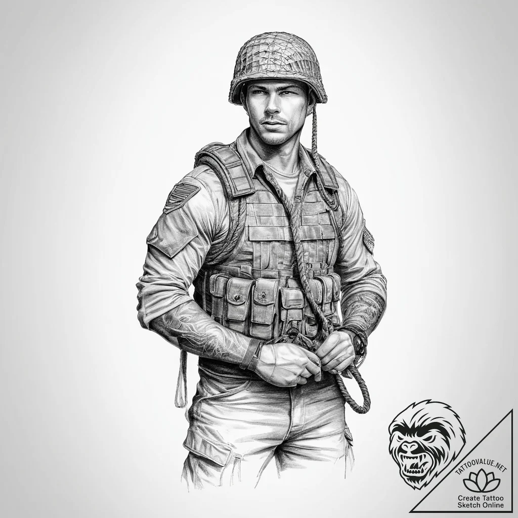 Tattoo sketch soldier with a rope - tattoo sketch (№1756040116_0, 24.08.2025 12:55) — tattoovalue.net