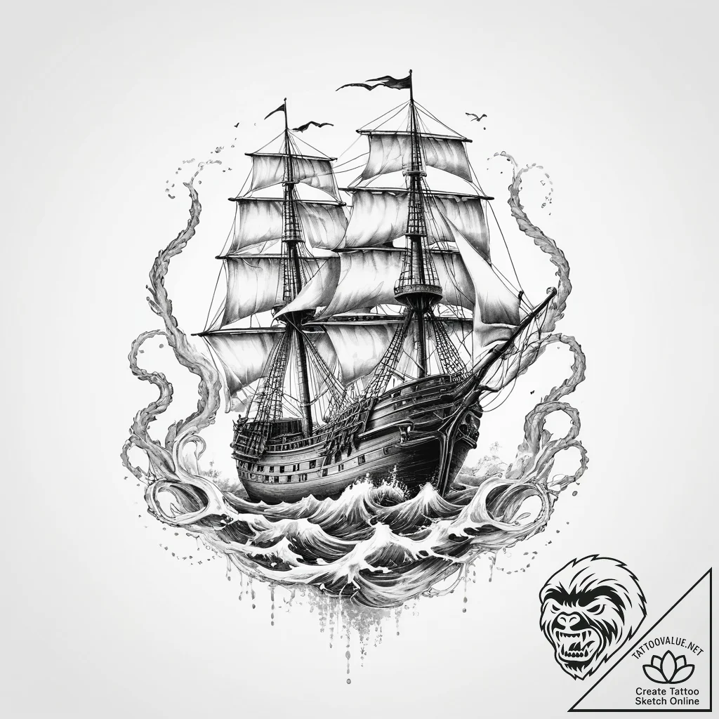 Tattoo sketch old ship with a kraken - tattoo sketch (№1756050007_0, 24.08.2025 15:40) — tattoovalue.net