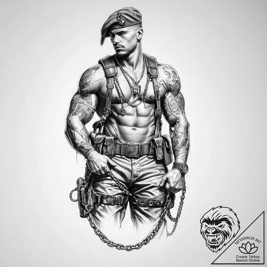 Tattoo sketch soldier with a chain - tattoo sketch (№1756050610_0, 24.08.2025 15:50) — tattoovalue.net