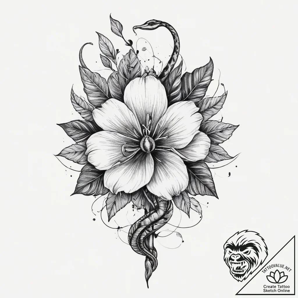 Tattoo sketch magical flower with a snake, co... - tattoo sketch (№1756052210_0, 24.08.2025 16:16) — tattoovalue.net