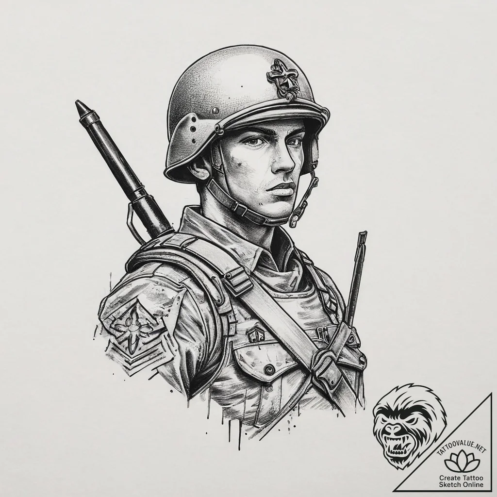 Tattoo sketch soldier with a pen, tattoo flas... - tattoo sketch (№1756056756_0, 24.08.2025 17:32) — tattoovalue.net