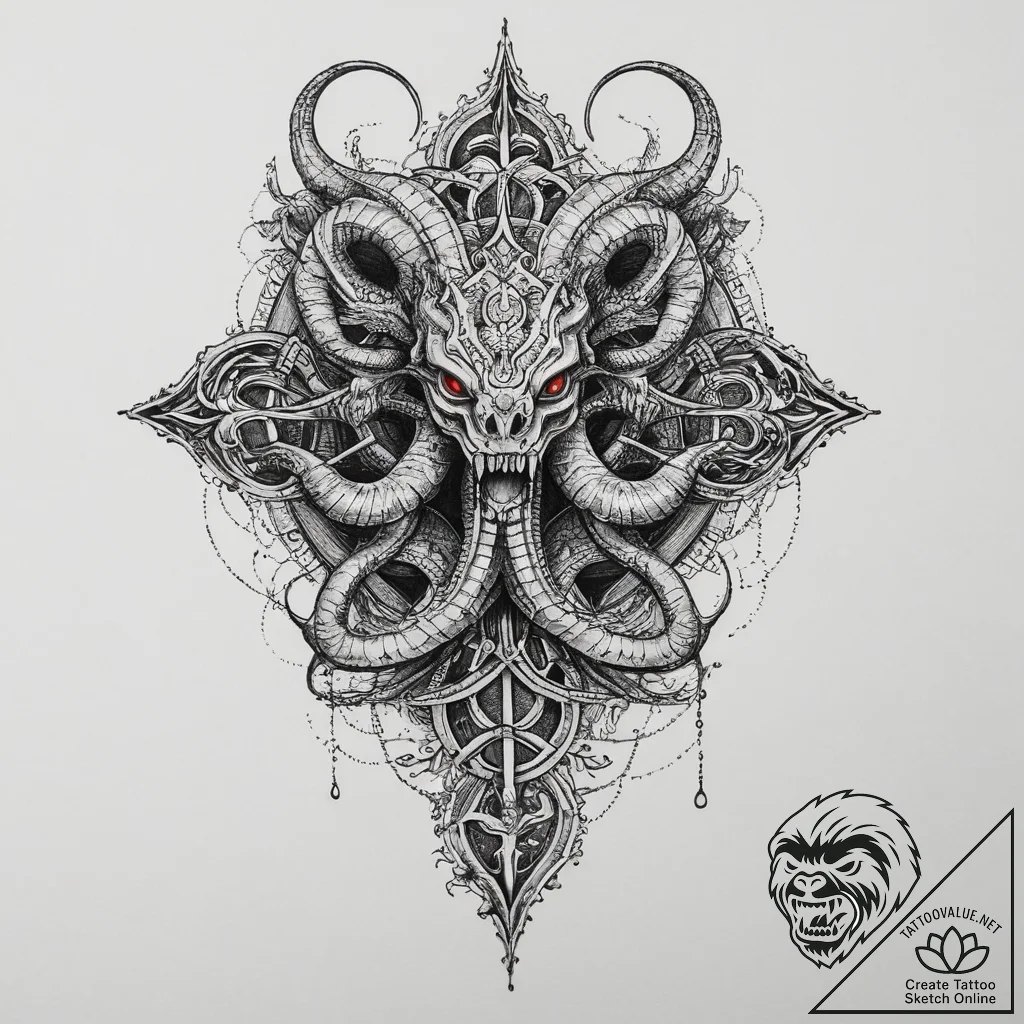 Tattoo sketch hydra, ink illustration for tat... - tattoo sketch (№1756064533_0, 24.08.2025 19:42) — tattoovalue.net