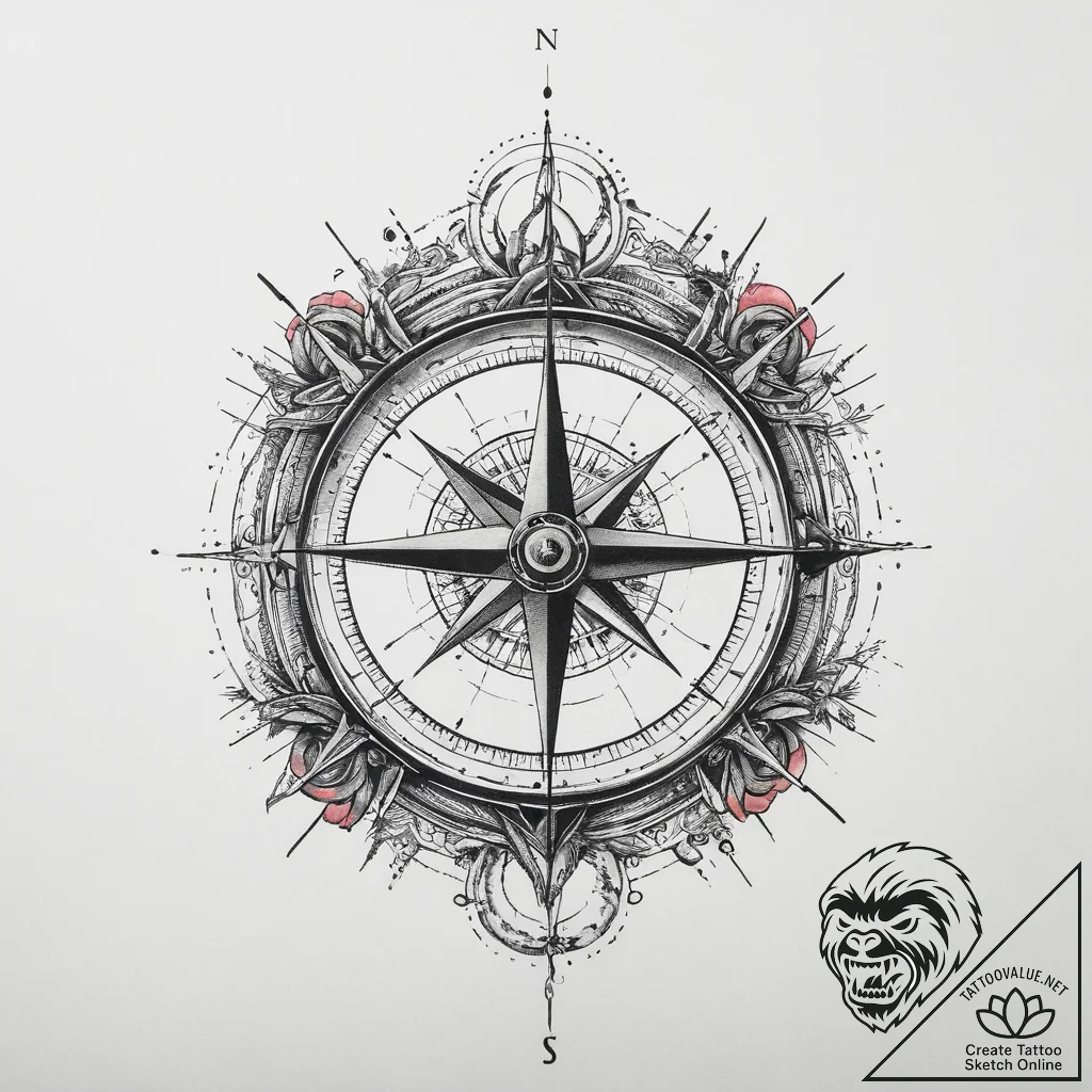 Tattoo sketch compass, artistic tattoo sketch... - tattoo sketch (№1756066553_0, 24.08.2025 20:15) — tattoovalue.net