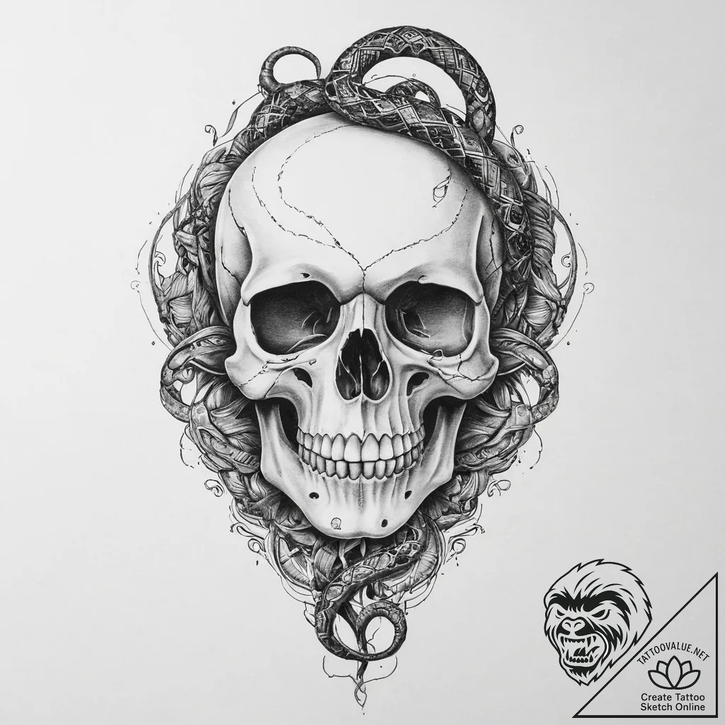 Tattoo sketch узор в виде черепа с змеей - tattoo sketch (№1756069768_0, 24.08.2025 21:09) — tattoovalue.net