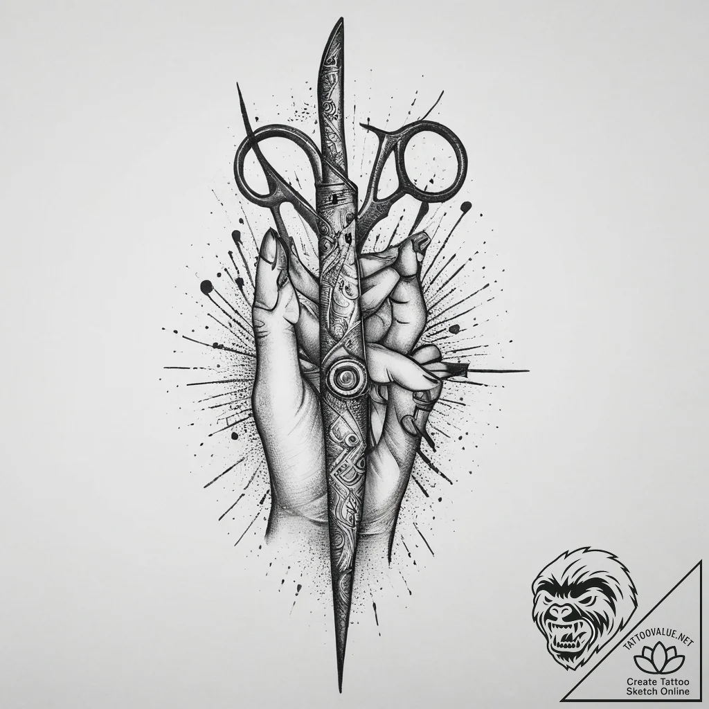 Tattoo sketch hands with a scissors, tattoo d... - tattoo sketch (№1756078516_0, 24.08.2025 23:35) — tattoovalue.net