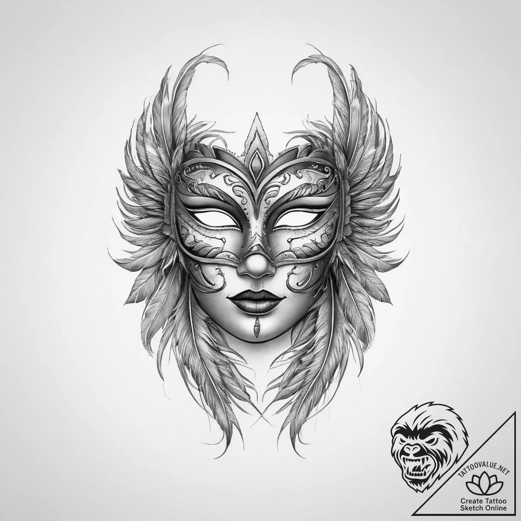 Tattoo sketch feathered mask tattoo, tattoo d... - tattoo sketch (№1756080536_0, 25.08.2025 00:08) — tattoovalue.net