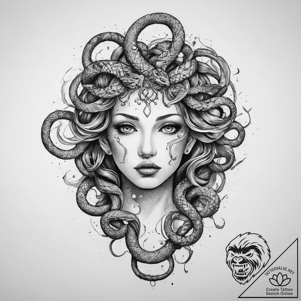Tattoo sketch gorgon with snakes for hair, ta... - tattoo sketch (№1756083144_0, 25.08.2025 00:52) — tattoovalue.net
