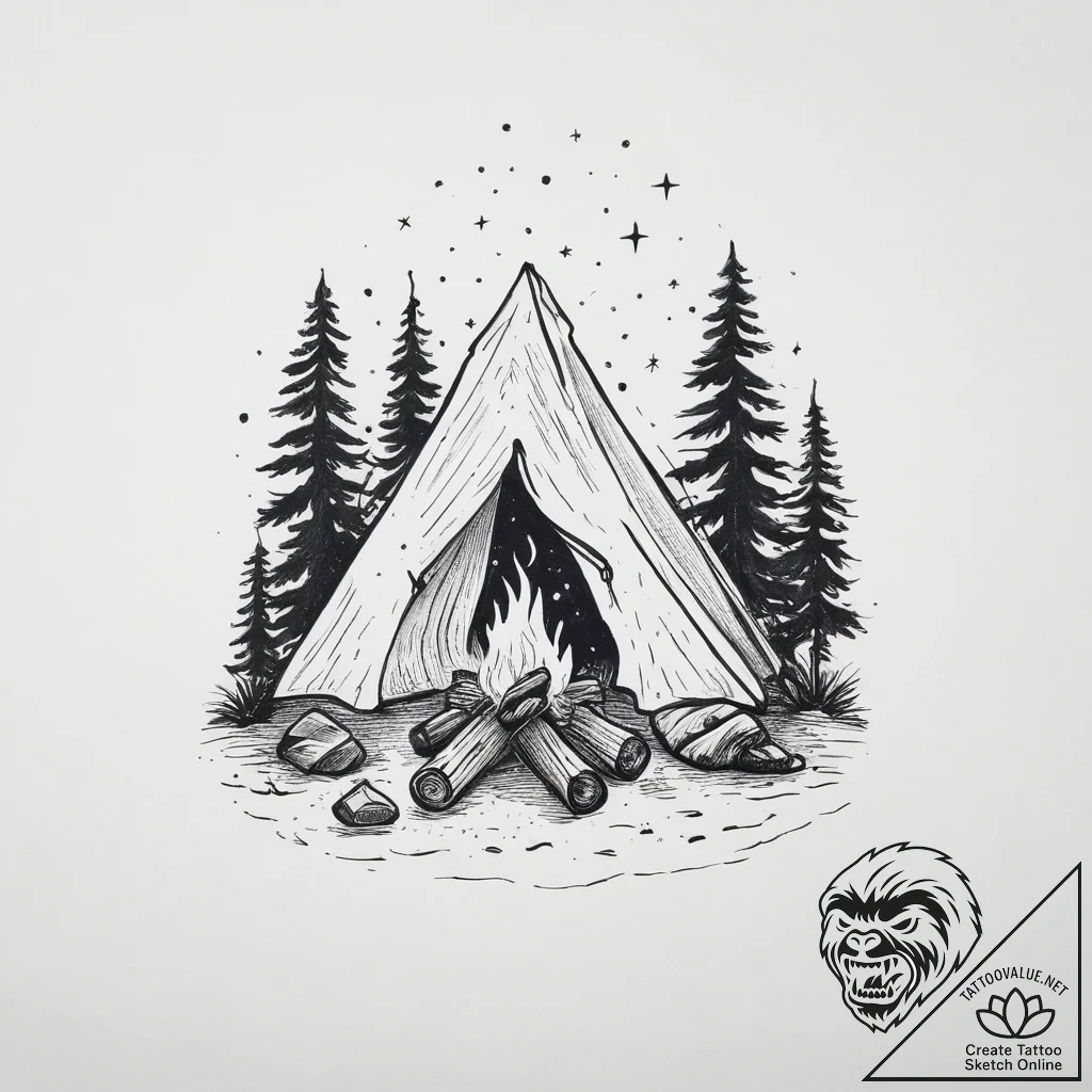 Tattoo sketch camping a campfire with stars - tattoo sketch (№1756084943_0, 25.08.2025 01:22) — tattoovalue.net