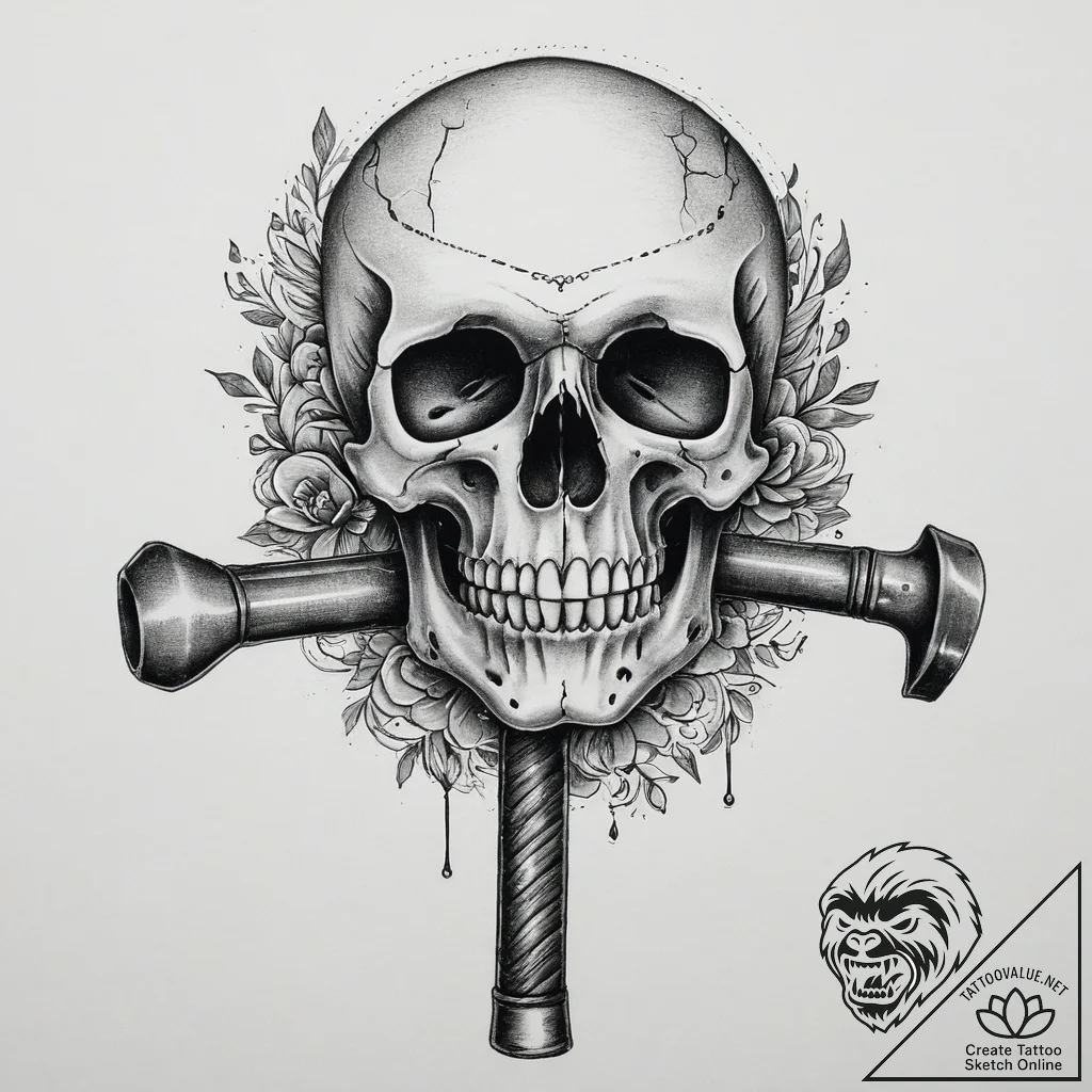 Tattoo sketch hammer with a skull, ink illust... - tattoo sketch (№1756091920_0, 25.08.2025 03:18) — tattoovalue.net