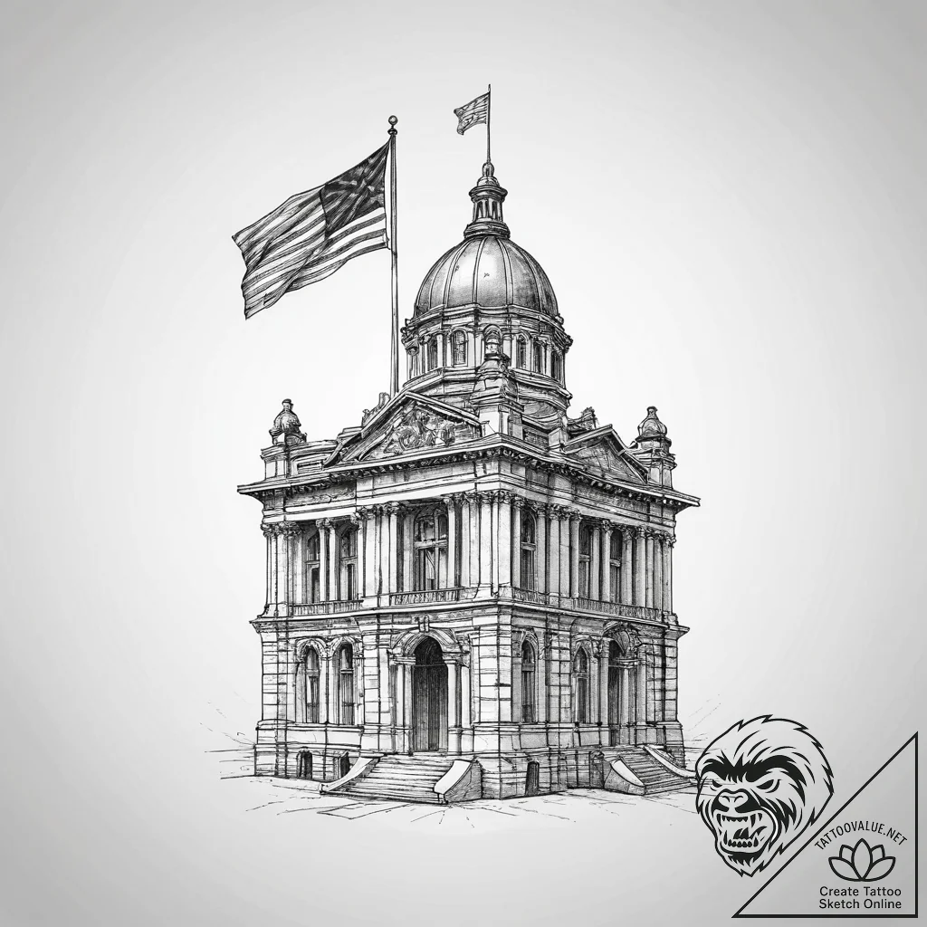 Tattoo sketch historical building with a flag... - tattoo sketch (№1756101275_0, 25.08.2025 05:54) — tattoovalue.net