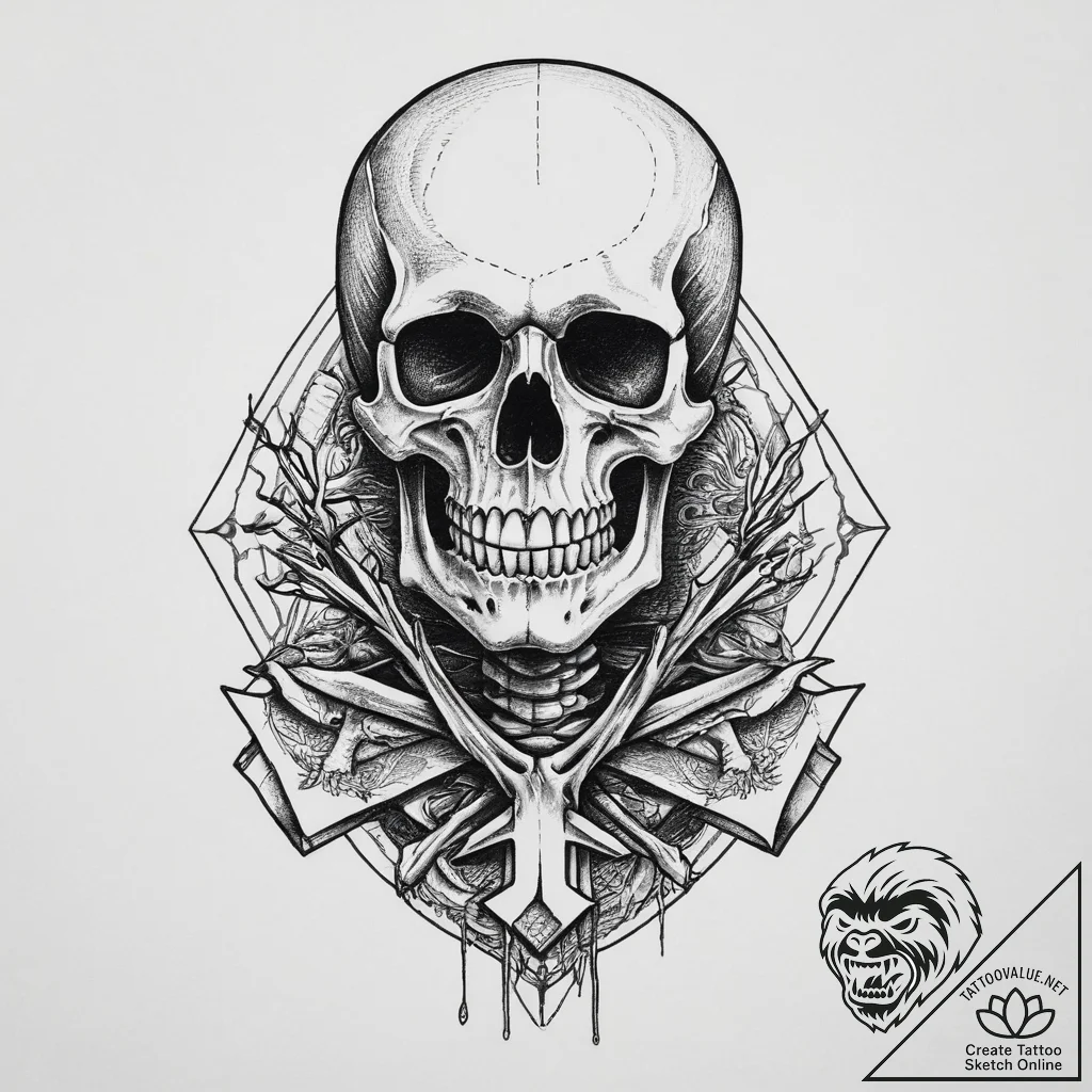 Tattoo sketch skeleton with cards, ink illust... - tattoo sketch (№1756102482_0, 25.08.2025 06:14) — tattoovalue.net