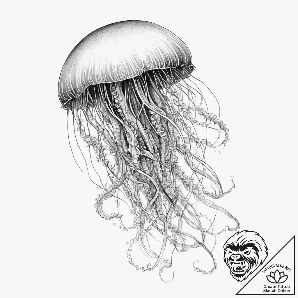 Tattoo sketch graceful jellyfish floating, ta... - tattoo sketch (№1756105492_0, 25.08.2025 07:04) — tattoovalue.net