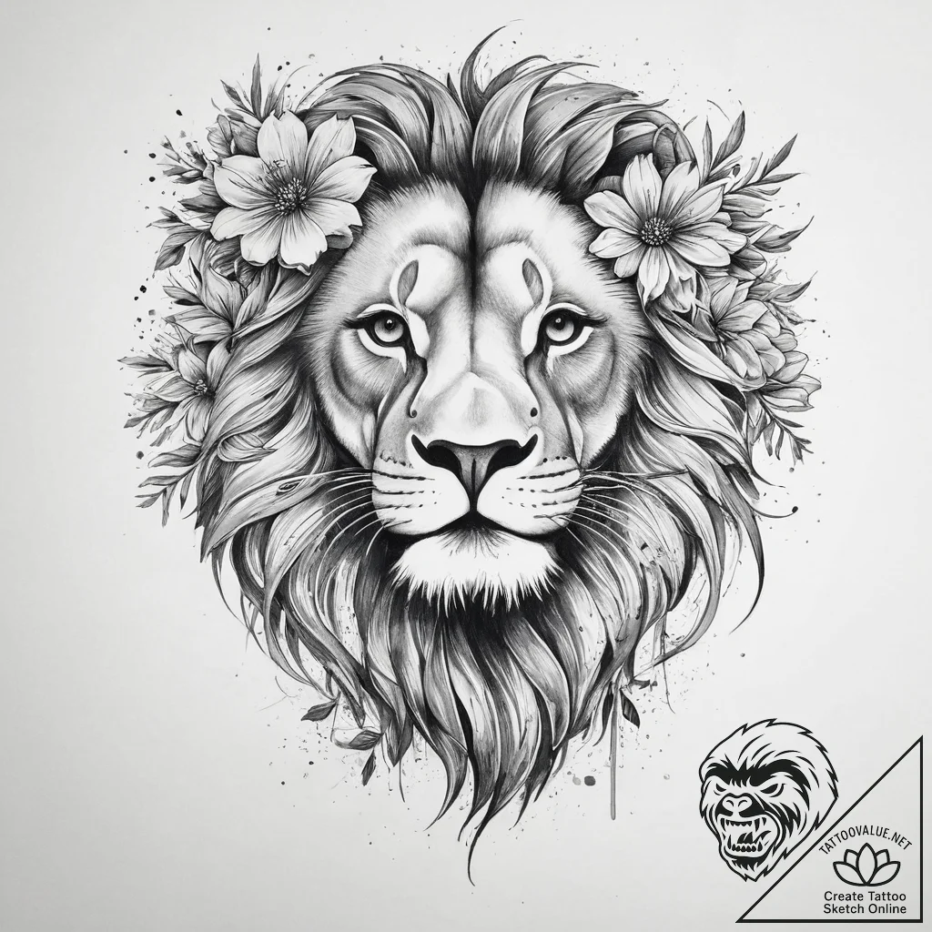 Tattoo sketch узор в виде льва с цветами, tat... - tattoo sketch (№1756107492_0, 25.08.2025 07:38) — tattoovalue.net