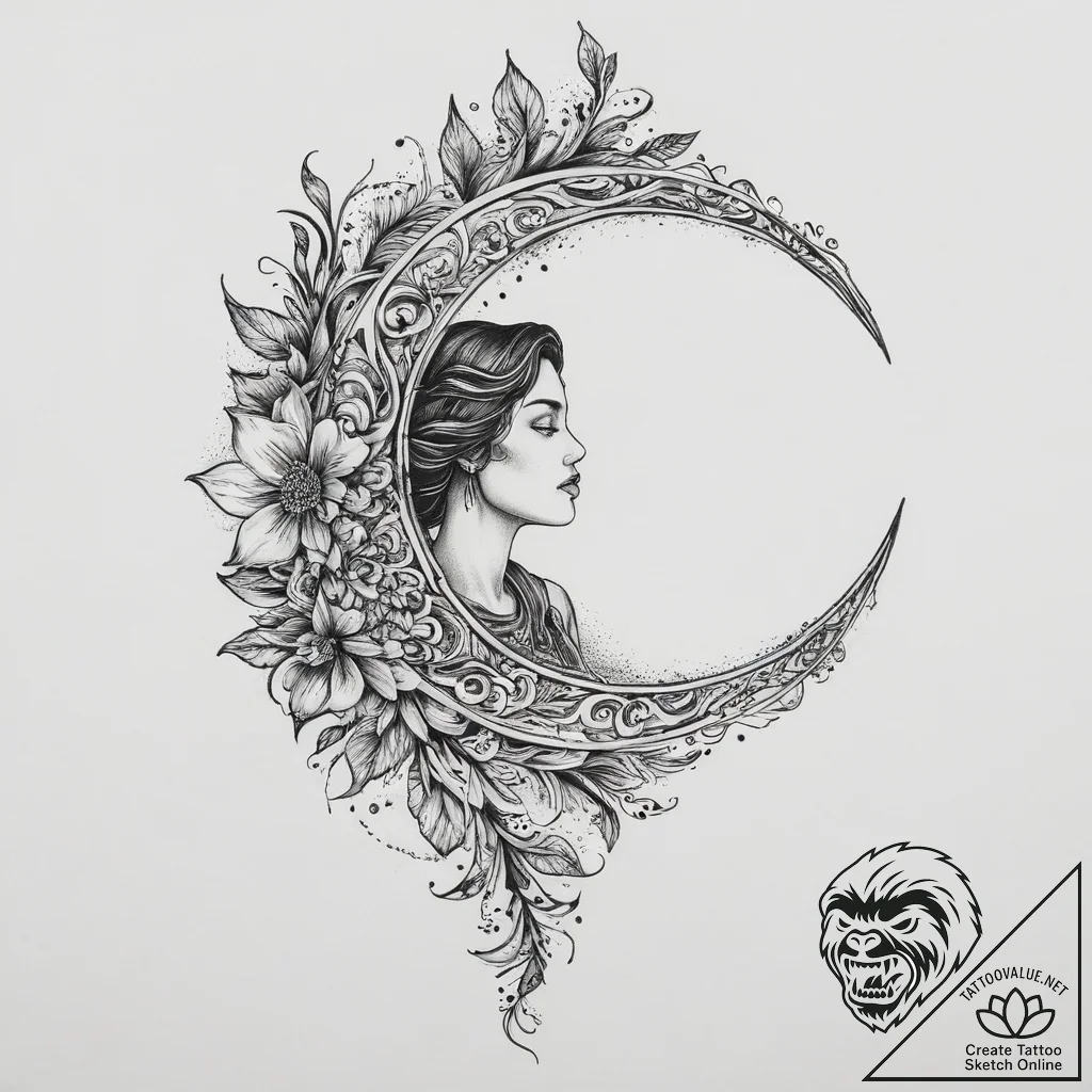 Tattoo sketch crescent moon with a person, ta... - tattoo sketch (№1756110112_0, 25.08.2025 08:21) — tattoovalue.net