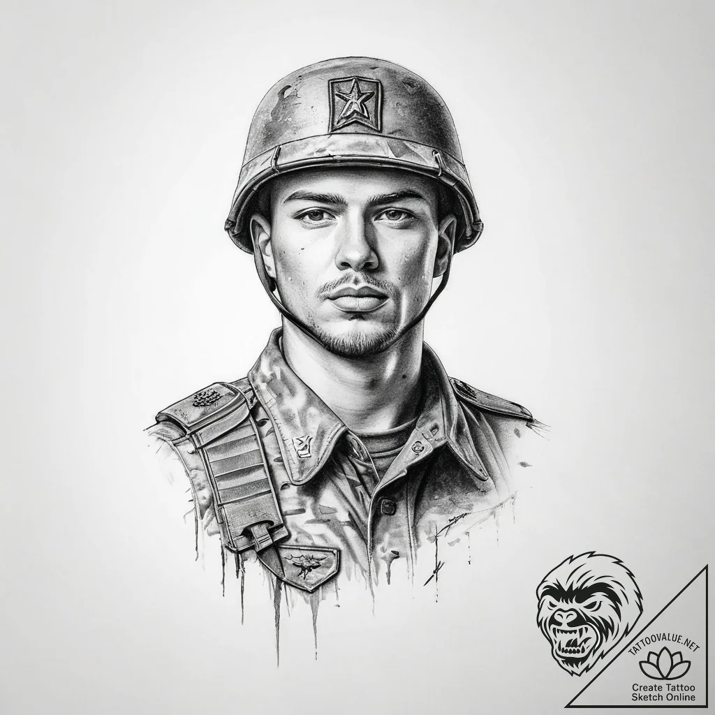 Tattoo sketch soldier with a country - tattoo sketch (№1756115530_0, 25.08.2025 09:52) — tattoovalue.net