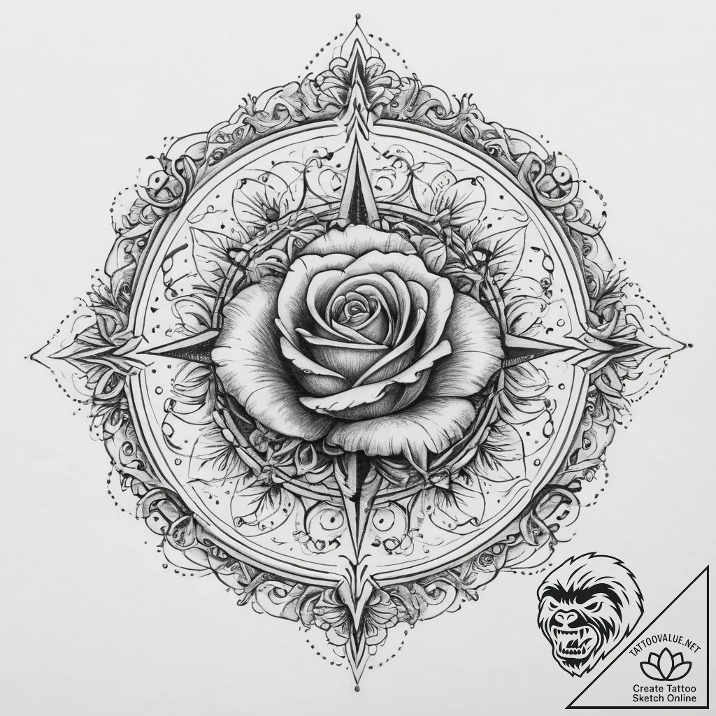 Tattoo sketch rose compass, concept art for t... - tattoo sketch (№1756122036_0, 25.08.2025 11:40) — tattoovalue.net