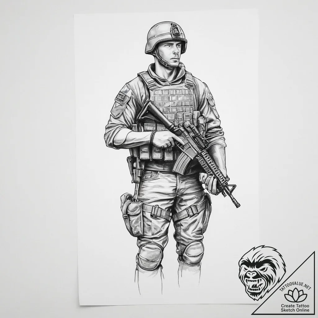 Tattoo sketch soldier with a document - tattoo sketch (№1756124009_0, 25.08.2025 12:13) — tattoovalue.net