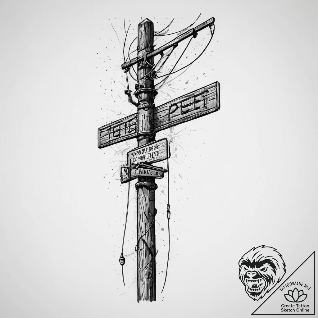 Tattoo sketch telephone pole with a sign, tat... - tattoo sketch (№1756124595_0, 25.08.2025 12:23) — tattoovalue.net