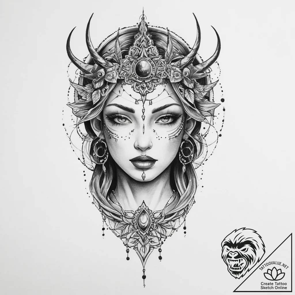 Tattoo sketch mystical character - tattoo sketch (№1756125975_0, 25.08.2025 12:46) — tattoovalue.net