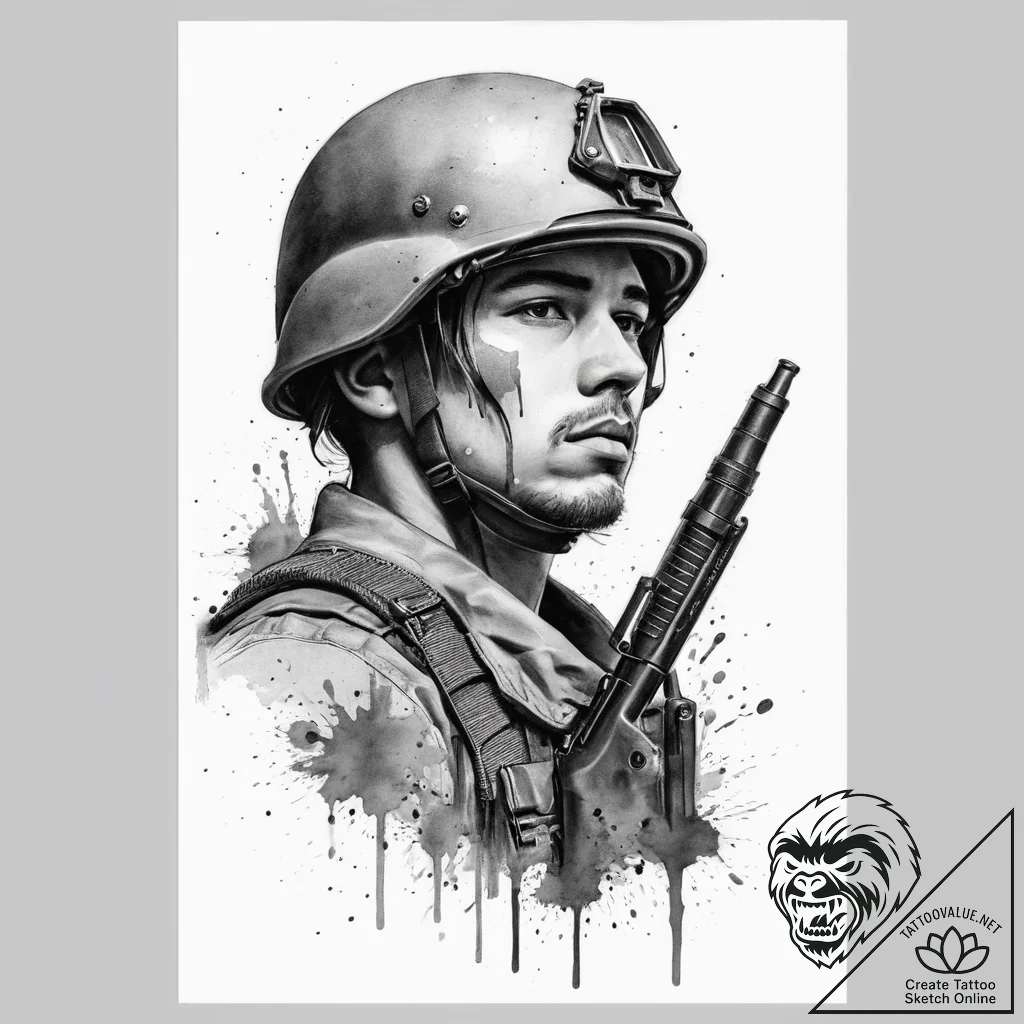 Tattoo sketch soldier with a pen, tattoo flas... - tattoo sketch (№1756127190_0, 25.08.2025 13:06) — tattoovalue.net