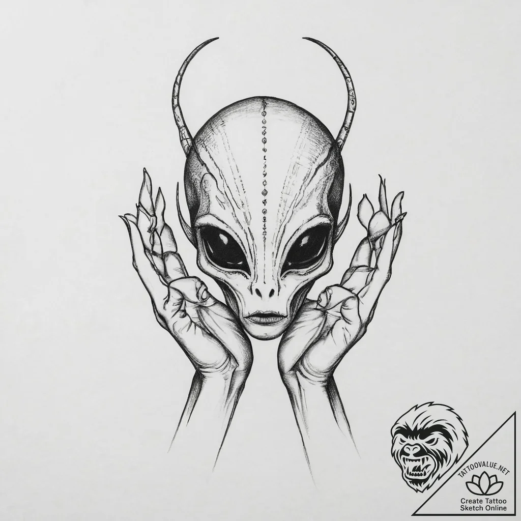 Tattoo sketch hands with an alien, tattoo dra... - tattoo sketch (№1756127388_0, 25.08.2025 13:09) — tattoovalue.net