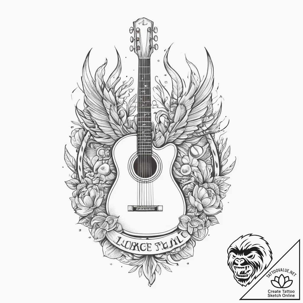 Tattoo sketch rock and roll with a guitar, ta... - tattoo sketch (№1756131554_0, 25.08.2025 14:19) — tattoovalue.net