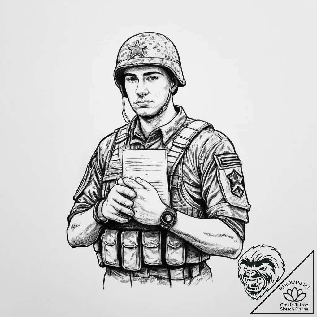 Tattoo sketch soldier with a document, tattoo... - tattoo sketch (№1756136291_0, 25.08.2025 15:38) — tattoovalue.net