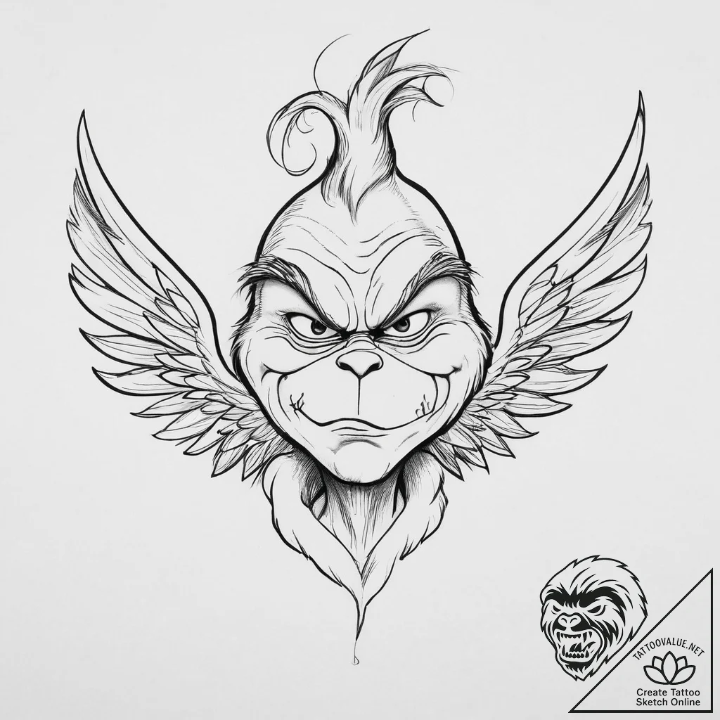 Tattoo sketch the grinch with a wing, tattoo... - tattoo sketch (№1756151777_0, 25.08.2025 19:56) — tattoovalue.net
