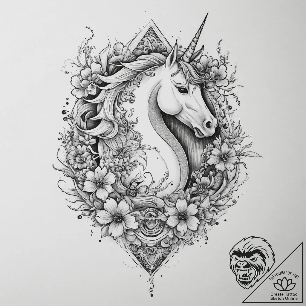 Tattoo sketch unicorn with a floral pattern,... - tattoo sketch (№1756156996_0, 25.08.2025 21:23) — tattoovalue.net