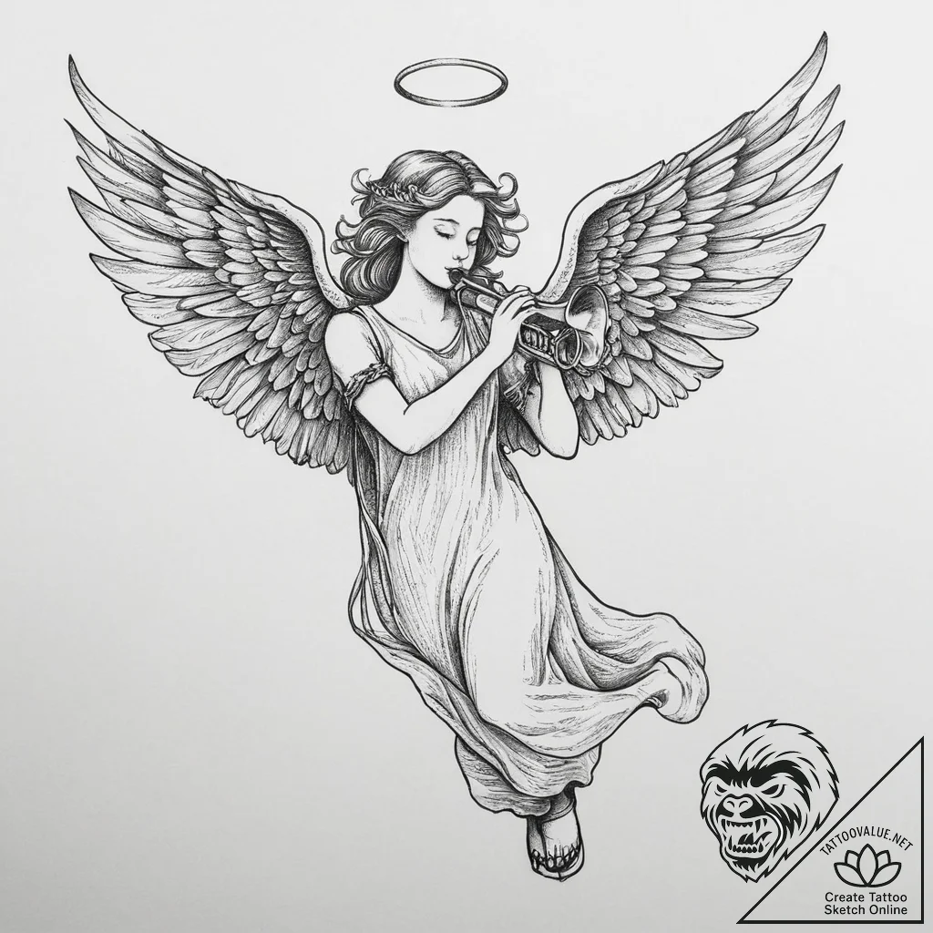 Tattoo sketch angel with trumpet, tattoo draw... - tattoo sketch (№1756160005_0, 25.08.2025 22:13) — tattoovalue.net