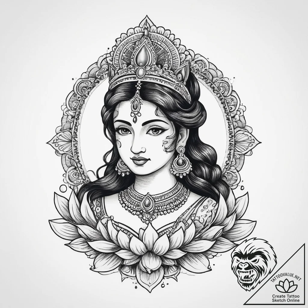 Tattoo sketch goddess lakshmi, ink illustrati... - tattoo sketch (№1756161810_0, 25.08.2025 22:43) — tattoovalue.net