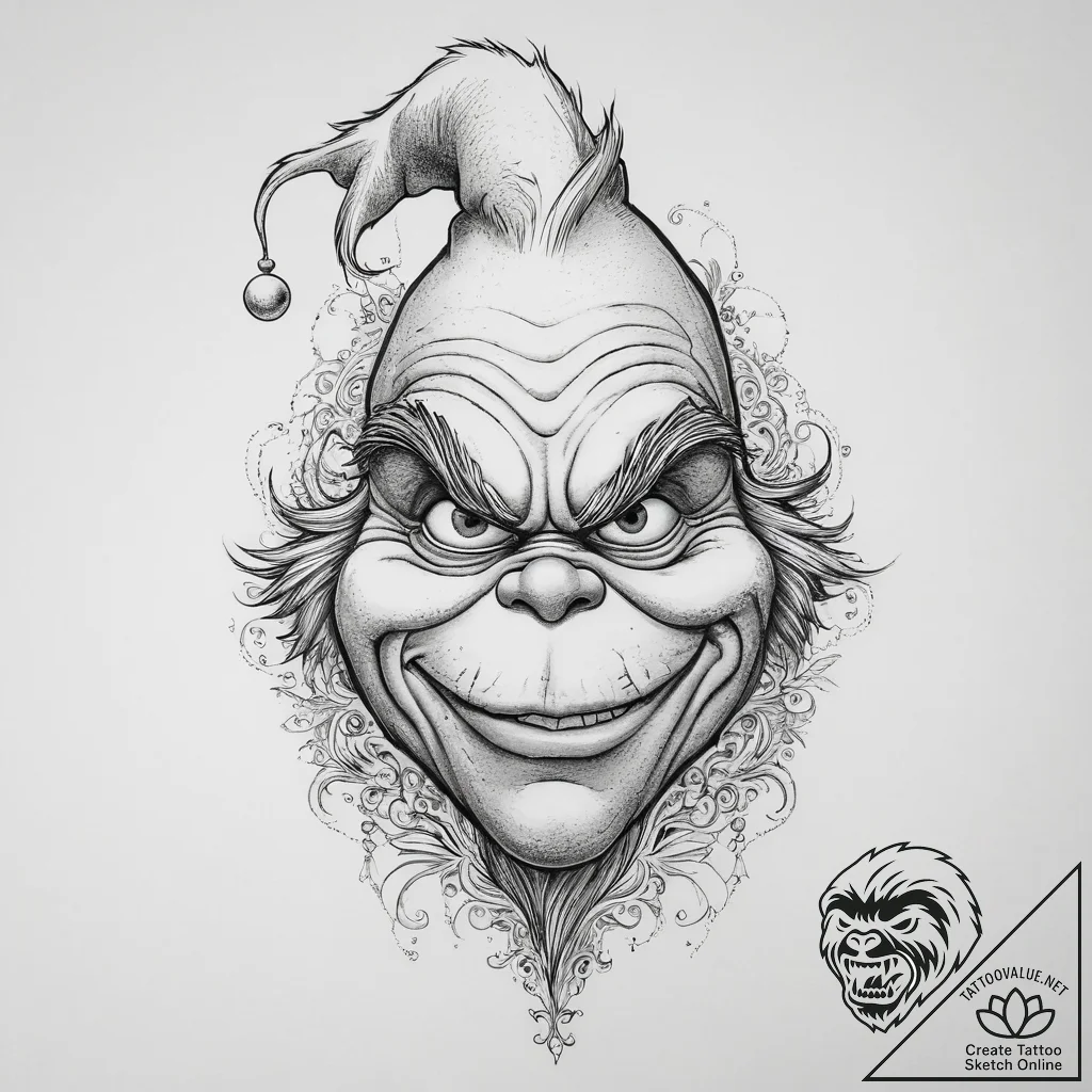 Tattoo sketch the grinch with a skin, ink ill... - tattoo sketch (№1756167517_0, 26.08.2025 00:18) — tattoovalue.net