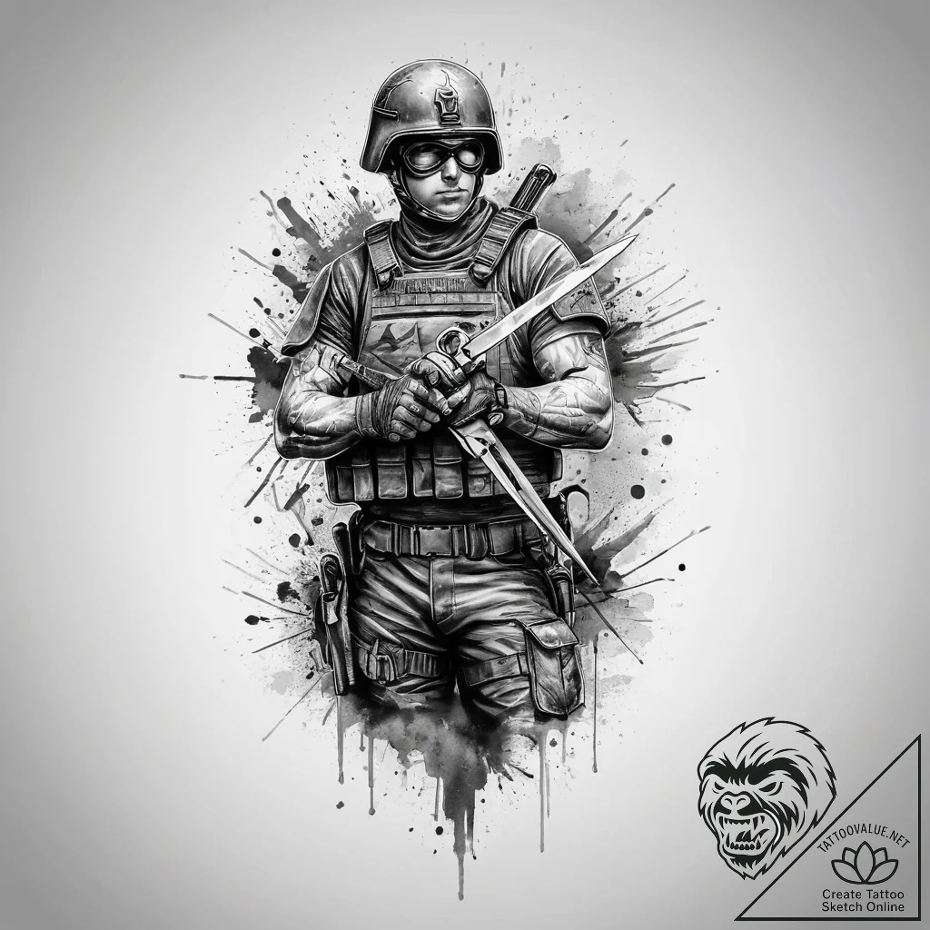 Tattoo sketch soldier with a scissors, concep... - tattoo sketch (№1756172533_0, 26.08.2025 01:42) — tattoovalue.net