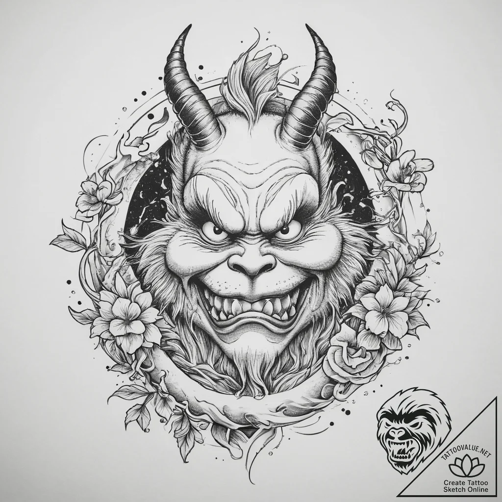 Tattoo sketch the grinch with a horn, tattoo... - tattoo sketch (№1756173336_0, 26.08.2025 01:55) — tattoovalue.net