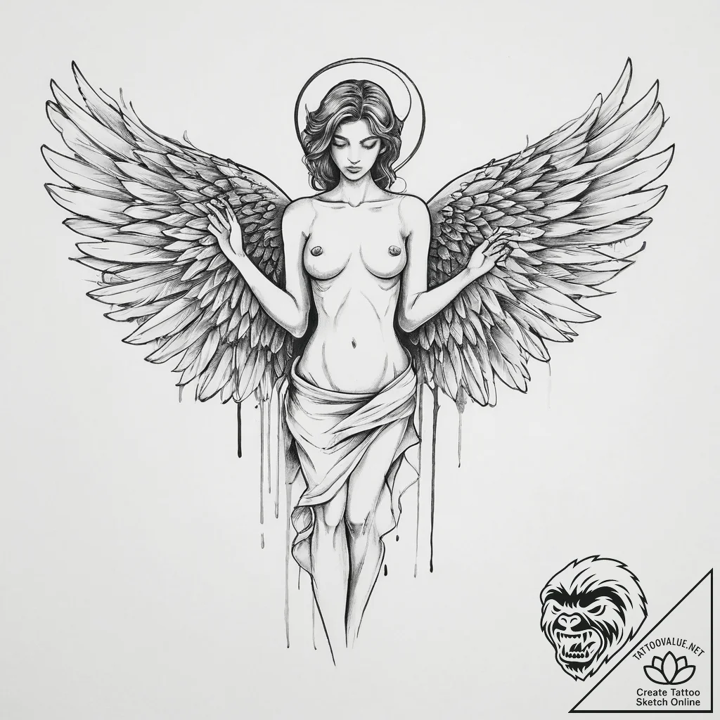 Tattoo sketch angel with a broken wing, conce... - tattoo sketch (№1756173542_0, 26.08.2025 01:59) — tattoovalue.net