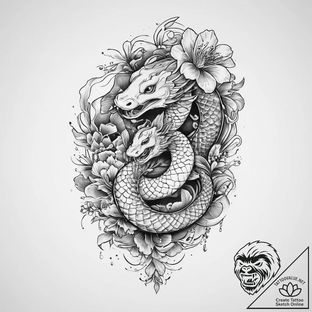 Tattoo sketch snake with a flower, tattoo dra... - tattoo sketch (№1756187867_0, 26.08.2025 05:57) — tattoovalue.net