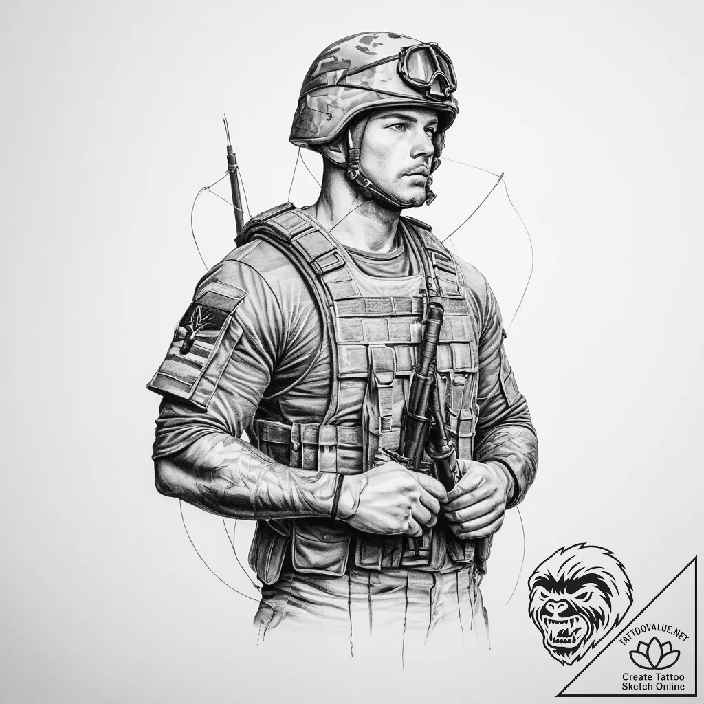 Tattoo sketch soldier with a thread - tattoo sketch (№1756195524_0, 26.08.2025 08:05) — tattoovalue.net