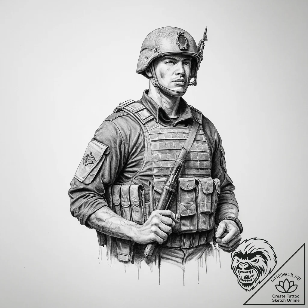 Tattoo sketch soldier with a pencil - tattoo sketch (№1756204757_0, 26.08.2025 10:39) — tattoovalue.net