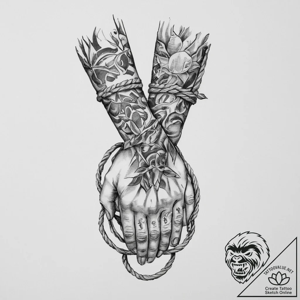 Tattoo sketch hands with a rope, concept art... - tattoo sketch (№1756228651_0, 26.08.2025 17:17) — tattoovalue.net