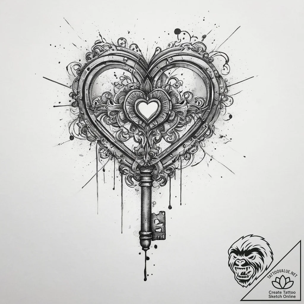Tattoo sketch old key with a heart, tattoo li... - tattoo sketch (№1756231854_0, 26.08.2025 18:10) — tattoovalue.net