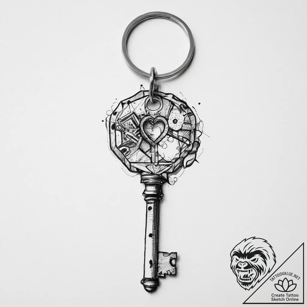 Tattoo sketch keychain with a key, ink illust... - tattoo sketch (№1756233251_0, 26.08.2025 18:34) — tattoovalue.net