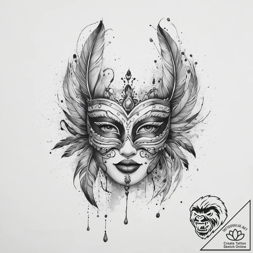 Tattoo sketch feathered mask tattoo, concept... - tattoo sketch (№1756233449_0, 26.08.2025 18:37) — tattoovalue.net