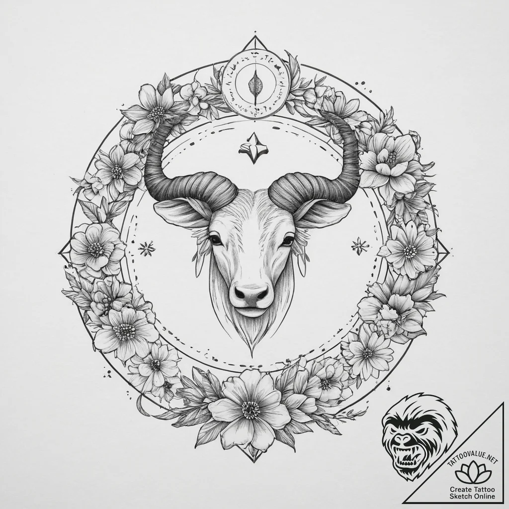 Tattoo sketch zodiac sign with flowers, tatto... - tattoo sketch (№1756236239_0, 26.08.2025 19:23) — tattoovalue.net